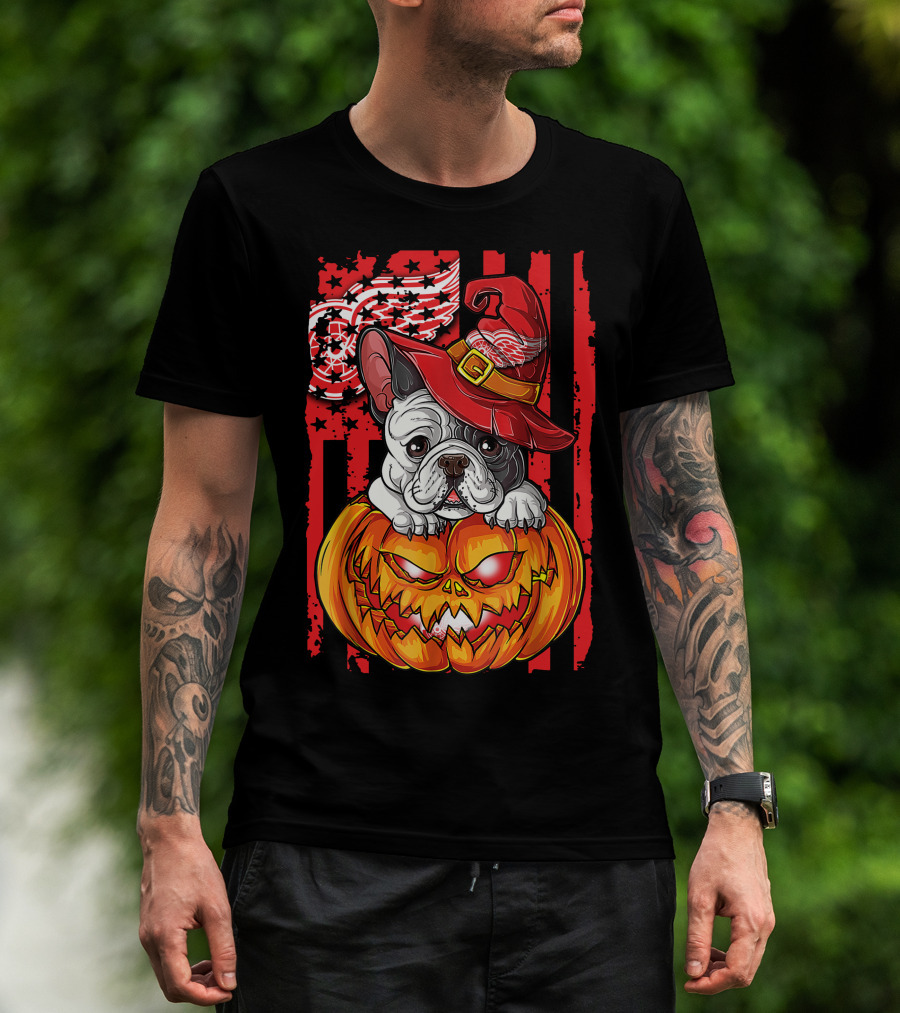 Hlw Bulldog Detroit Red Wings Witch Hat Pumpkin Halloween T-Shirt