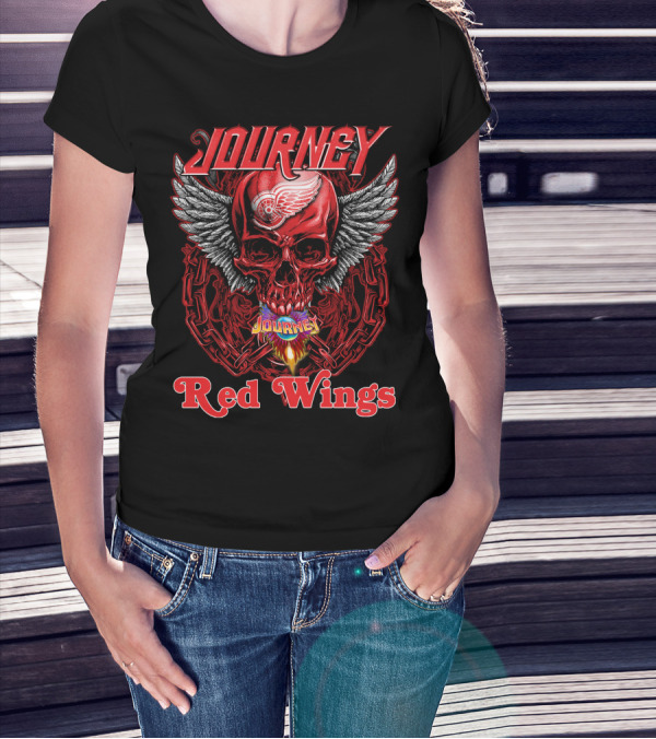 Journey Detroit Red Wings Skull Wings Flame Chain T-Shirt