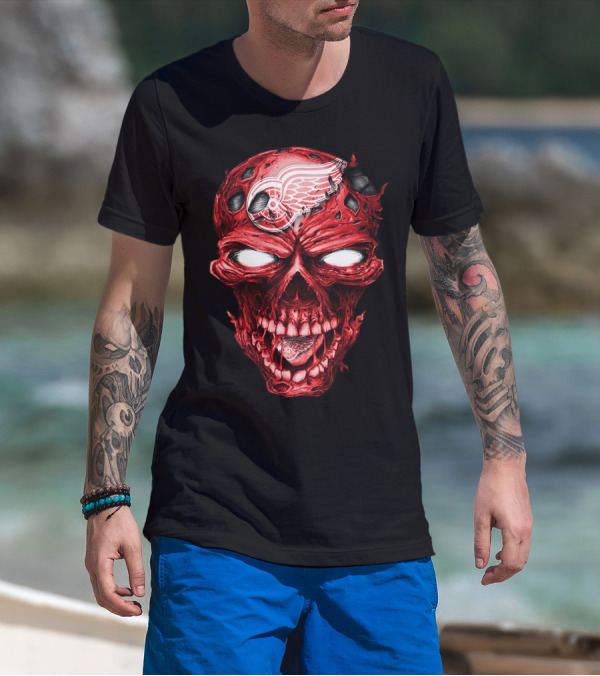 Detroit Red Wings Skull Helmet Hockey Emblem T-Shirt