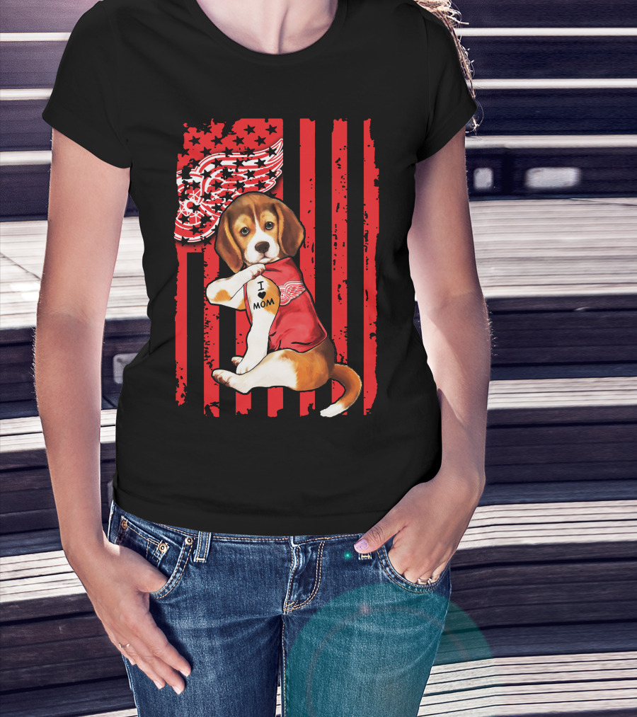 Beagle I Love Mom Detroit Red Wings Red Stripes T-Shirt