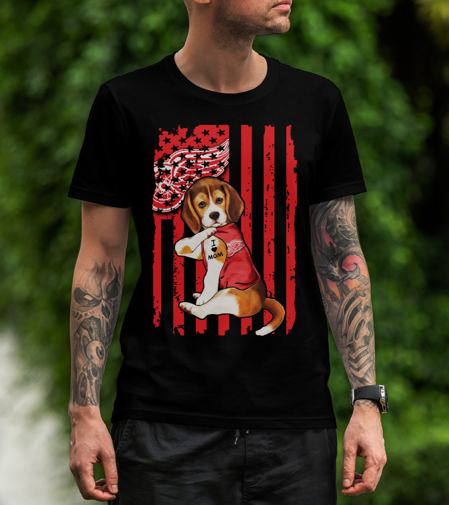 Beagle I Love Mom Detroit Red Wings Red Stripes T-Shirt