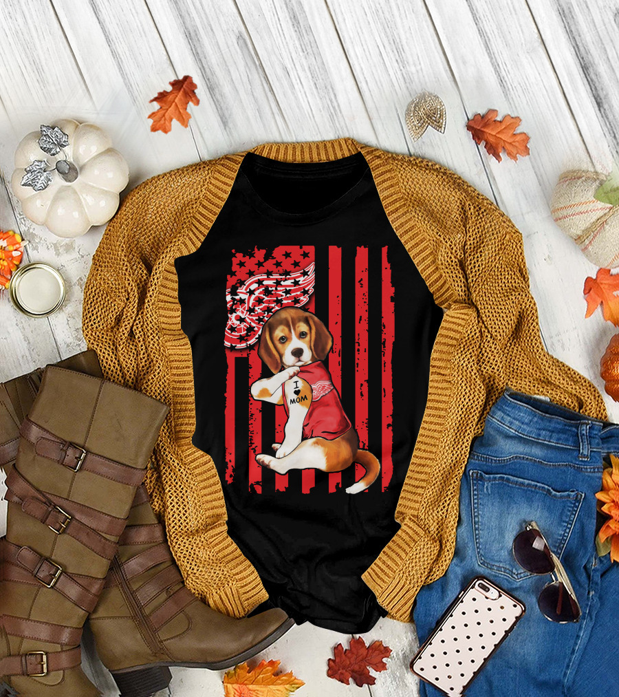 Beagle I Love Mom Detroit Red Wings Red Stripes T-Shirt