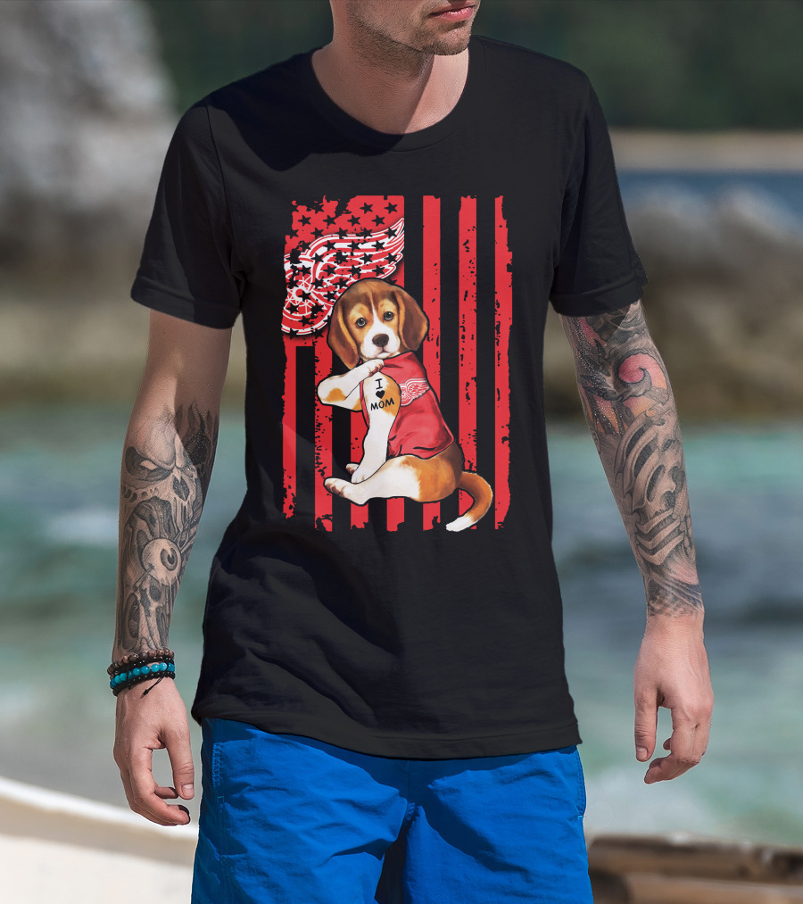Beagle I Love Mom Detroit Red Wings Red Stripes T-Shirt