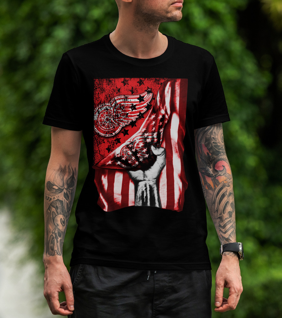 Detroit Red Wings American Flag Fist Star Graphics T-Shirt