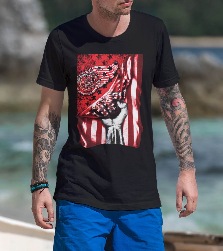 Detroit Red Wings American Flag Fist Star Graphics T-Shirt