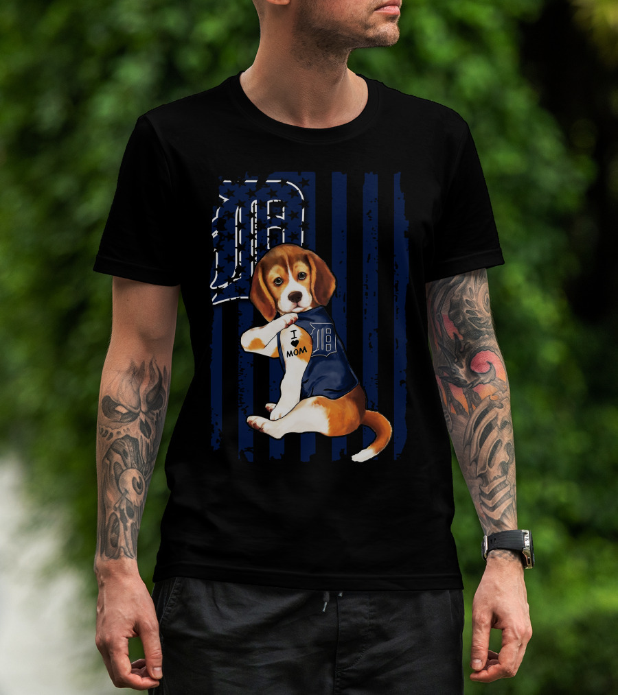 Beagle Puppy I Love Mom Detroit Tigers Stripes T-Shirt