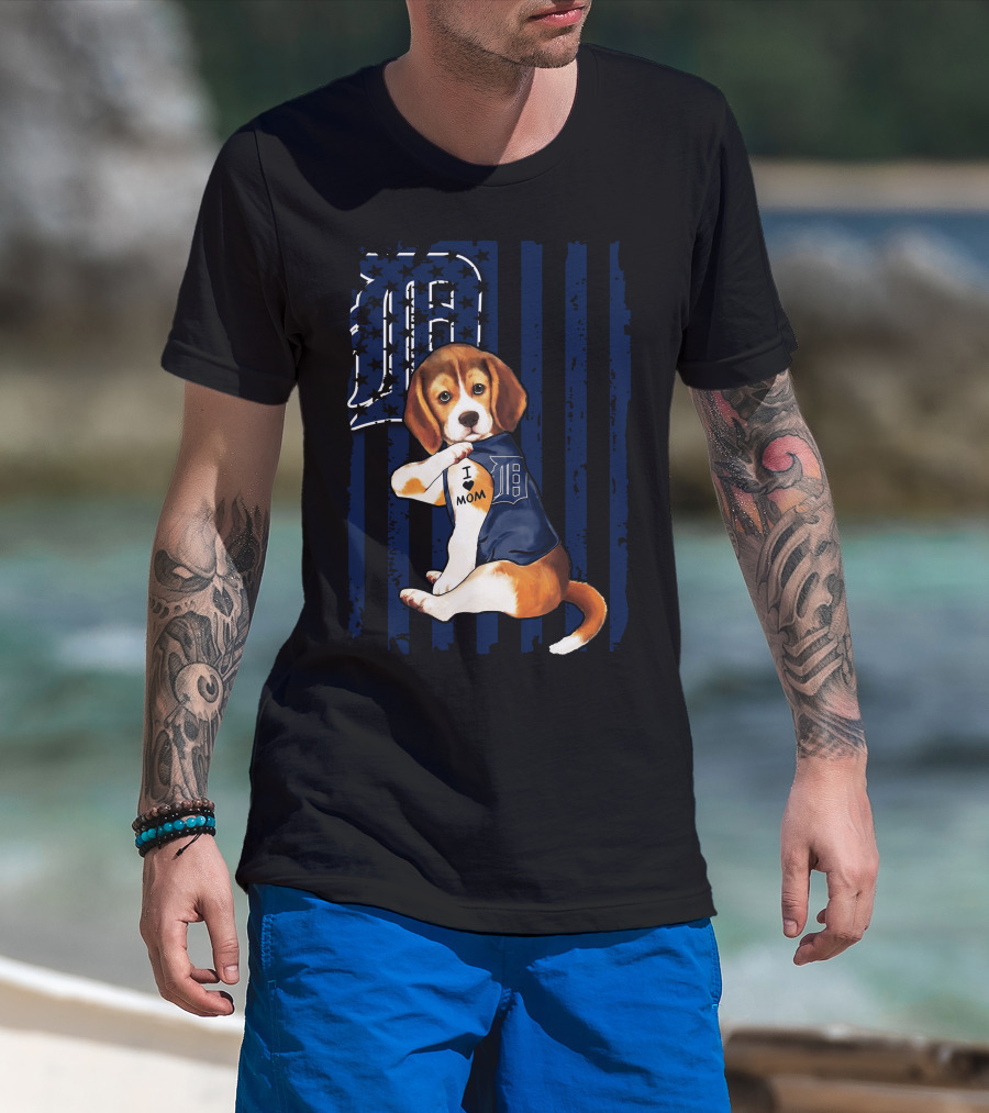 Beagle Puppy I Love Mom Detroit Tigers Stripes T-Shirt