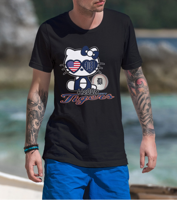 Hello Kitty Detroit Tigers American Flag Baseball T-Shirt