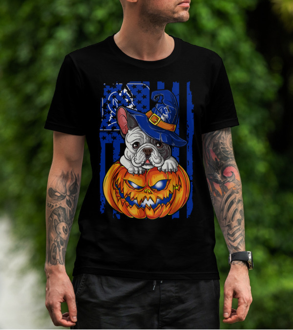 Hlw Bulldog On Duke Blue Devils Themed Halloween Pumpkin With Wizard Hat T-Shirt