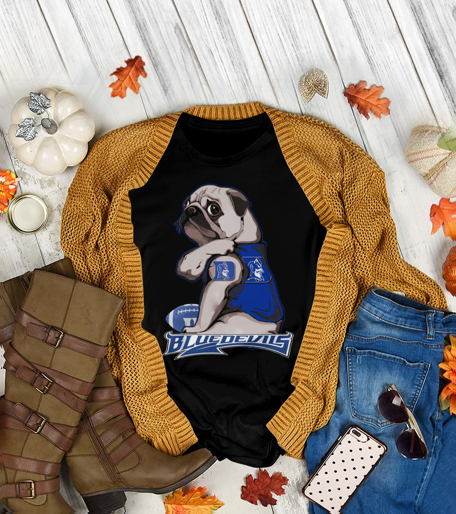 Pug Wearing Blue Devils Football Jersey T-Shirt