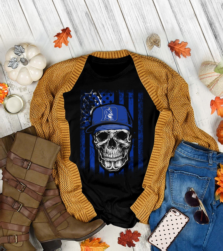 Skull with Duke Blue Devils Cap and American Flag Background T-Shirt