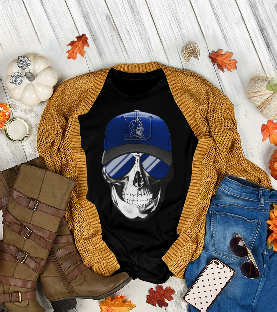 Skull Wearing Duke Blue Devils Logo Hat and Sunglasses T-Shirt