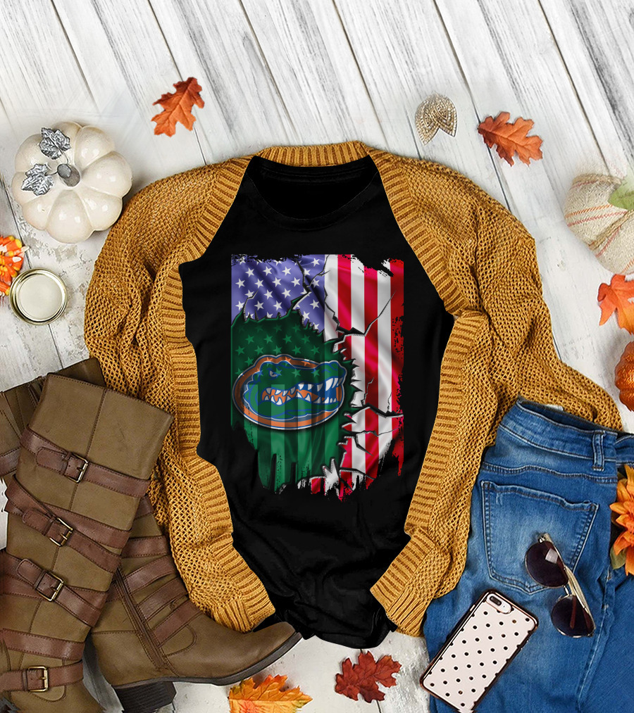 United States Flag Ripped with Florida Gators T-Shirt