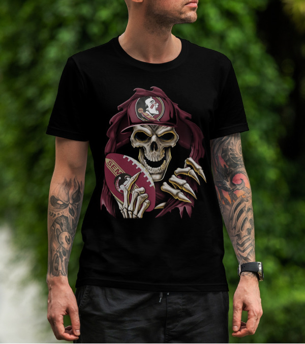 Skullbong Florida State Seminoles Skeleton Holding Football T-Shirt