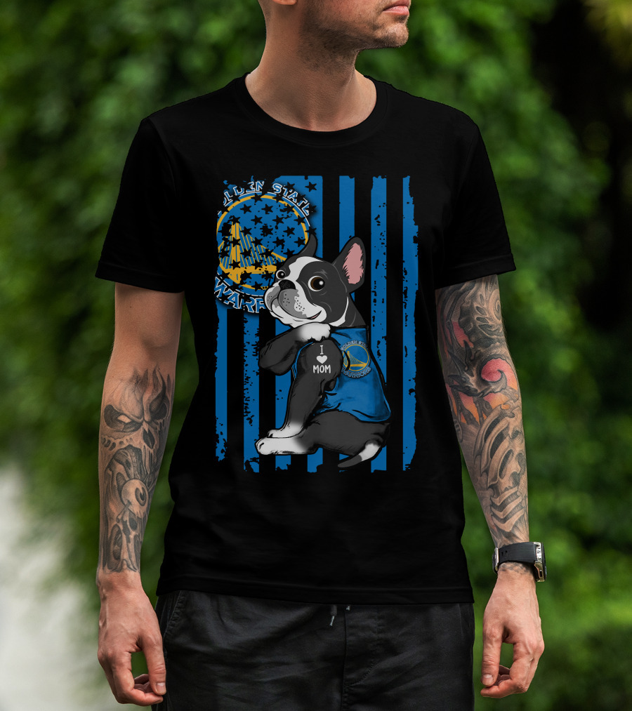 Boston Terrier Golden State Warriors Fan Dog Blue And Gold Basketball Theme T-Shirt