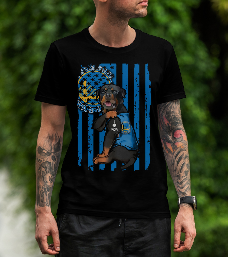 Golden State Warriors Rottweiler I Love Mom Blue Flag T-Shirt