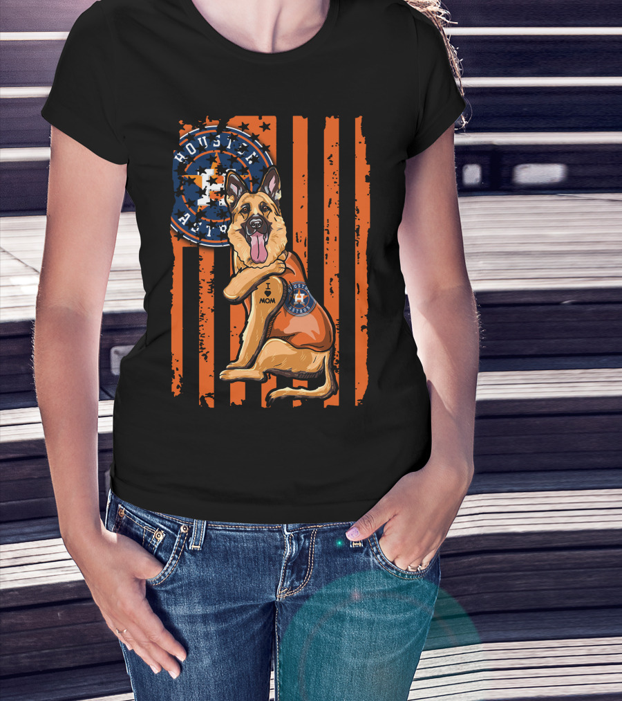 Houston Astros I Love Mom German Shepherd Patriotic Flag T-Shirt