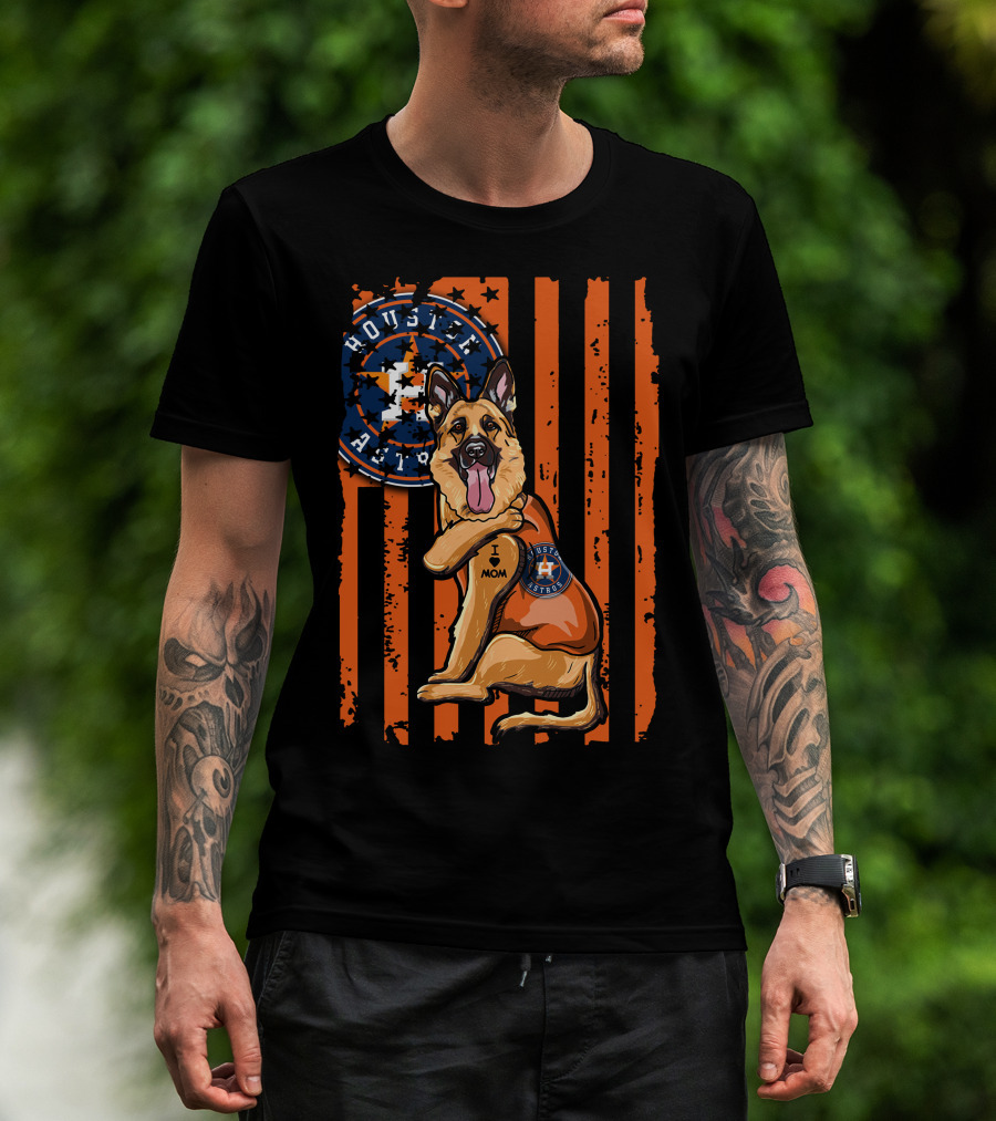 Houston Astros I Love Mom German Shepherd Patriotic Flag T-Shirt