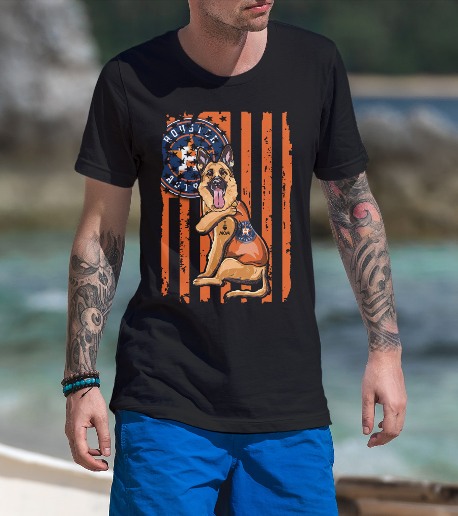 Houston Astros I Love Mom German Shepherd Patriotic Flag T-Shirt