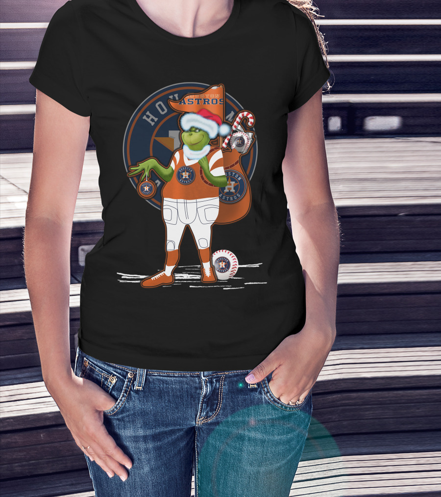 Grinchxmas Houston Astros Santa Hat Baseball Player With Logo And Candy Cane Sack T-Shirt