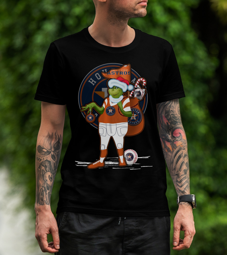 Grinchxmas Houston Astros Santa Hat Baseball Player With Logo And Candy Cane Sack T-Shirt