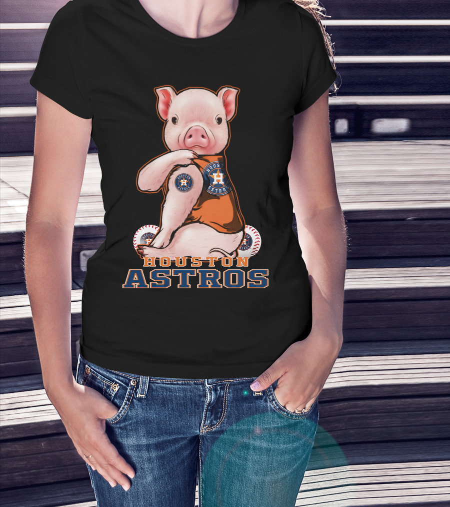 Pig Wearing Houston Astros Jersey With Logo And Baseballs T-Shirt