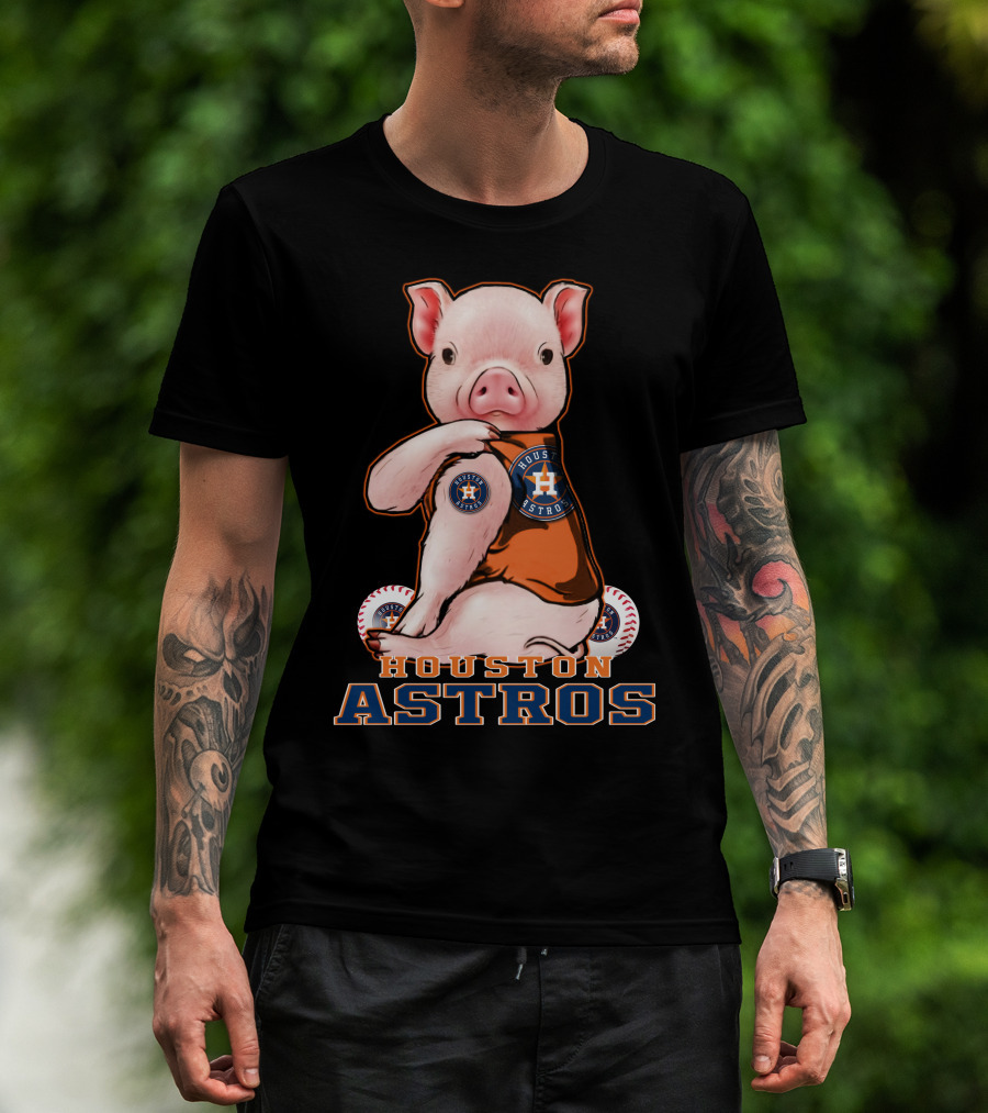 Pig Wearing Houston Astros Jersey With Logo And Baseballs T-Shirt