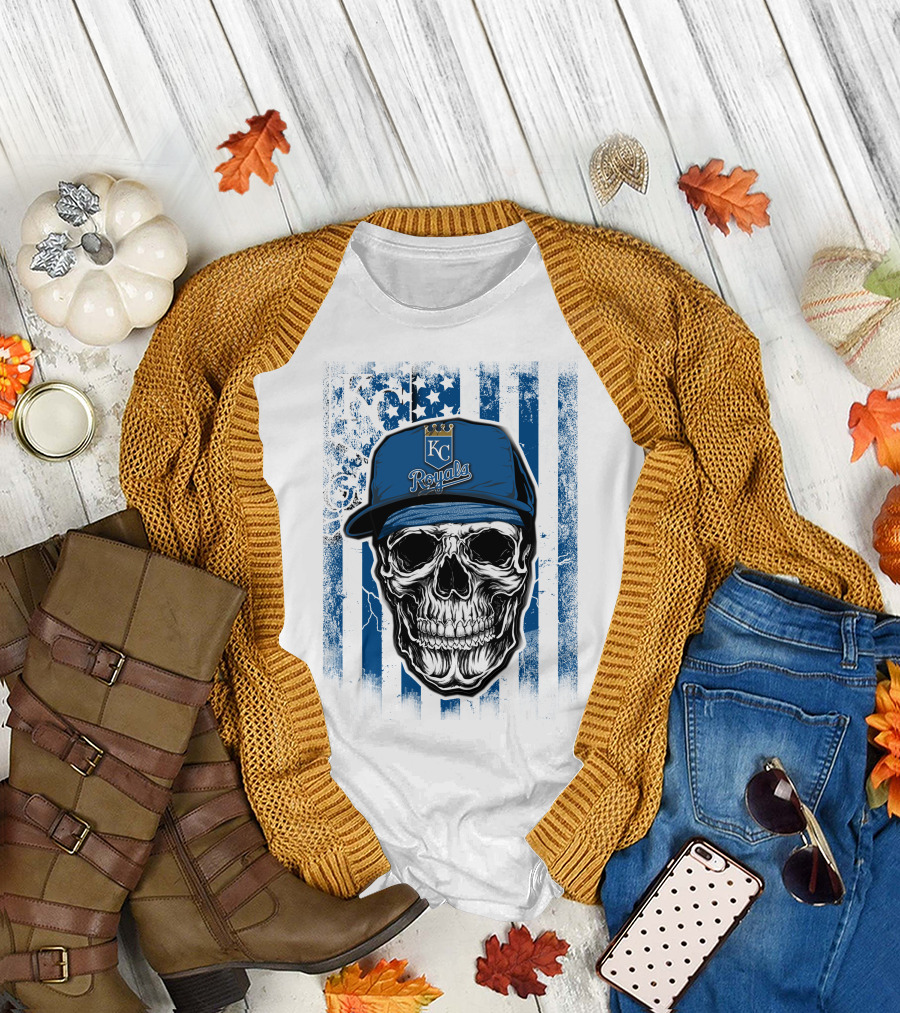 Kansas City Royals Skull with Blue Hat and Crown Symbol on T-Shirt