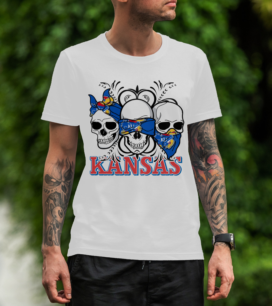 Kansas Jayhawks Skulls Bandana T-Shirt