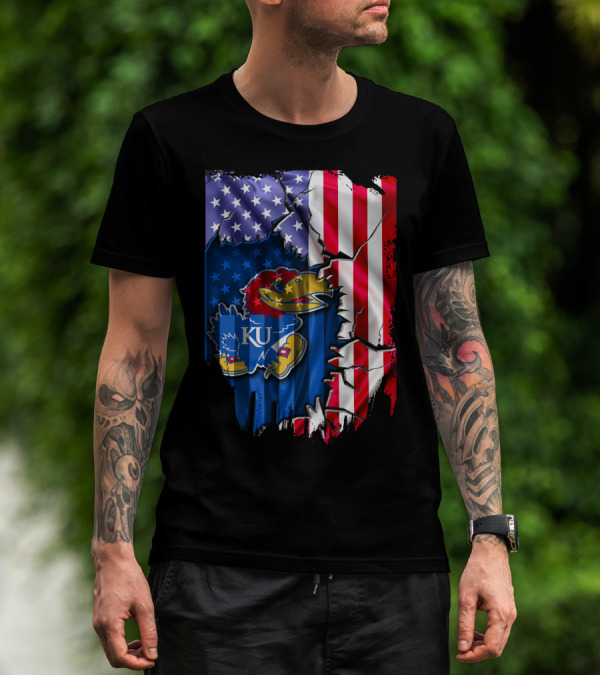 Flag Kansas Jayhawks American USA Torn Design KU T-Shirt
