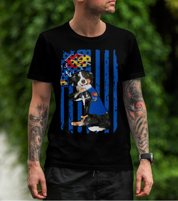 Border Collie I Love Mom Kansas Jayhawks Flag T-Shirt