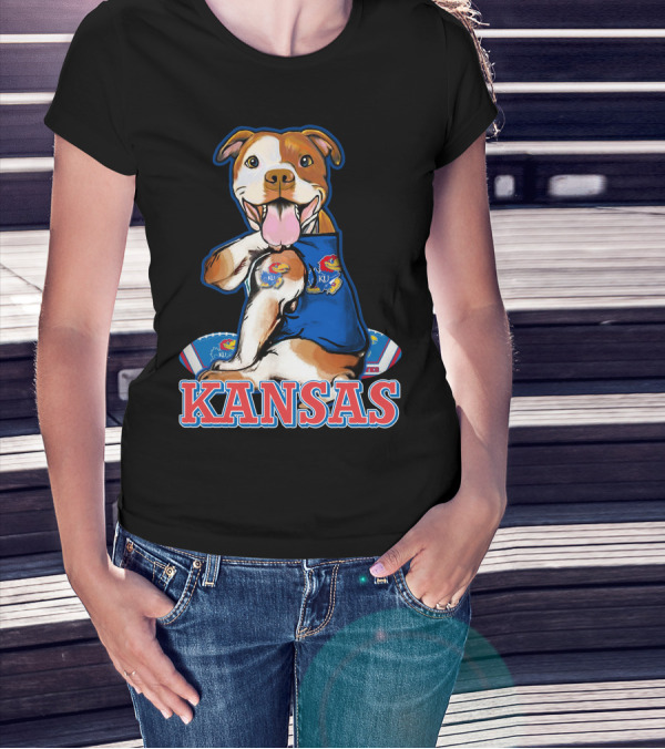 Kansas Pitbull Mascot With Jayhawks Football T-Shirt