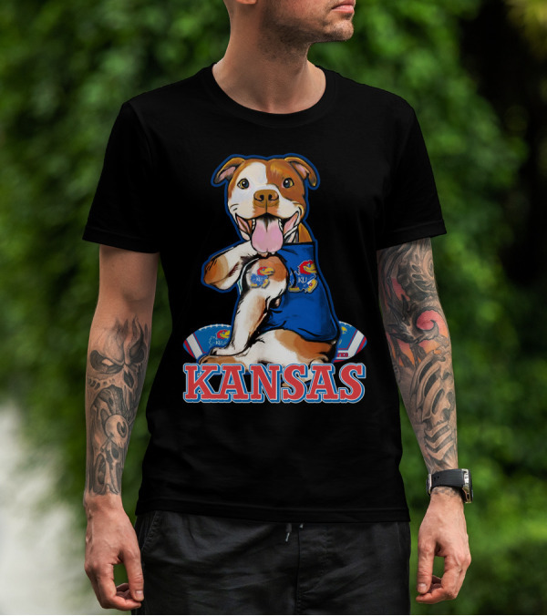 Kansas Pitbull Mascot With Jayhawks Football T-Shirt