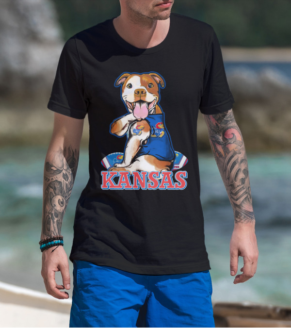 Kansas Pitbull Mascot With Jayhawks Football T-Shirt