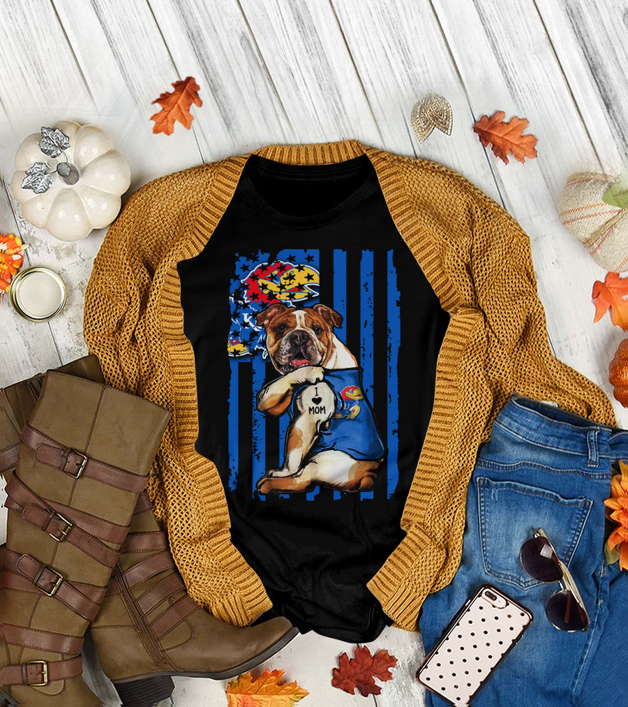 Bulldog Wearing Kansas Jayhawks I Love Mom Tattoo with Blue Stripes and Jayhawk T-Shirt