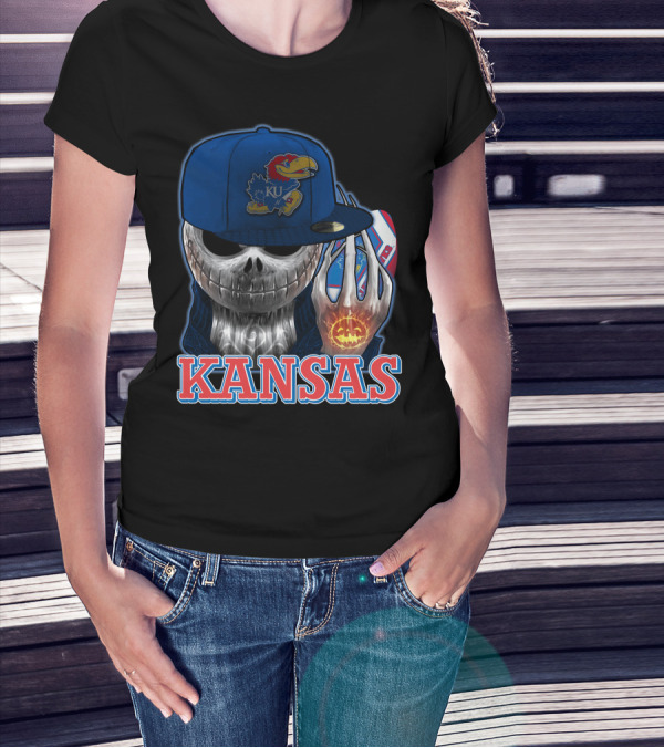 Kansas Jayhawks Skull Halloween Pumpkin Blue Cap T-Shirt