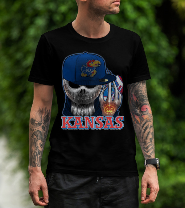 Kansas Jayhawks Skull Halloween Pumpkin Blue Cap T-Shirt