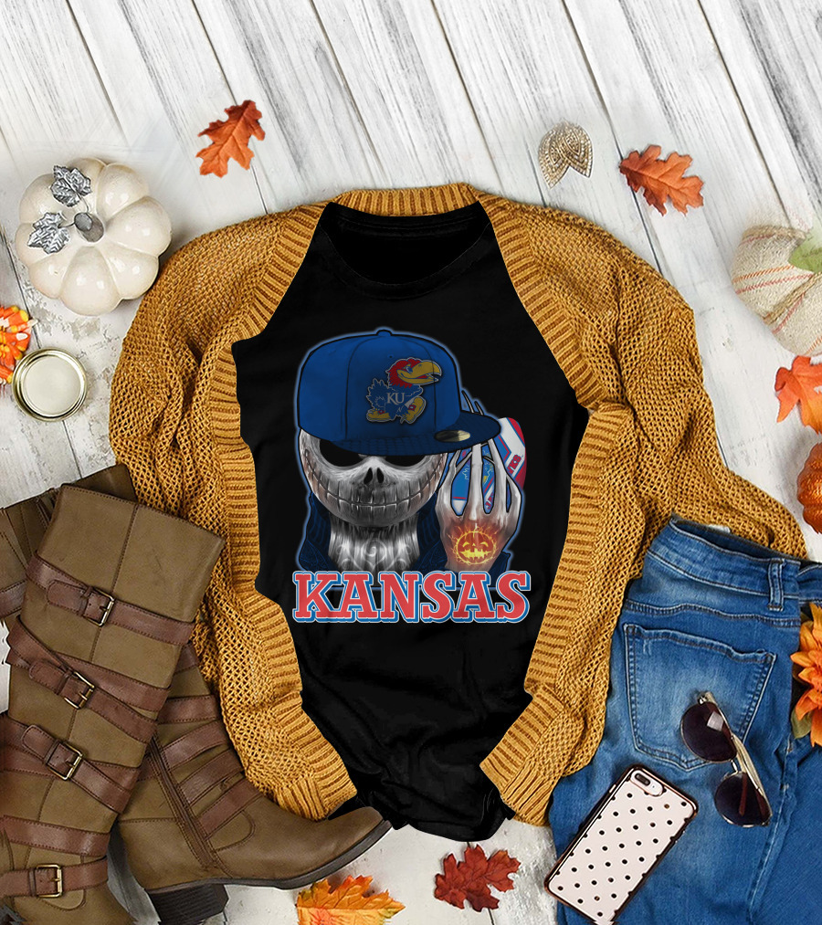 Kansas Jayhawks Skull Halloween Pumpkin Blue Cap T-Shirt