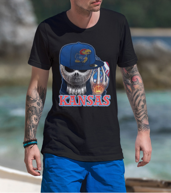 Kansas Jayhawks Skull Halloween Pumpkin Blue Cap T-Shirt