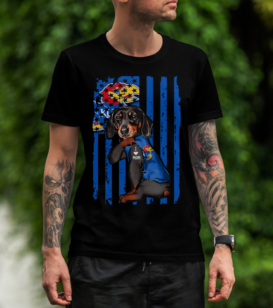 Dachshund I Love Mom Kansas Jayhawks Blue Stripes T-Shirt