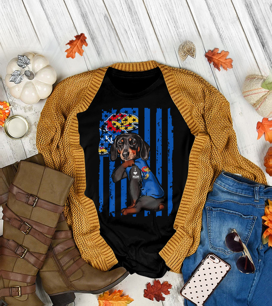 Dachshund I Love Mom Kansas Jayhawks Blue Stripes T-Shirt