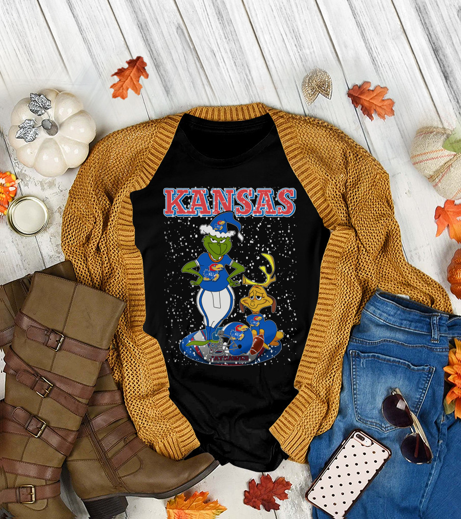 Kansas Grinchxmas Jayhawks KU Snowy Football Holiday T-Shirt