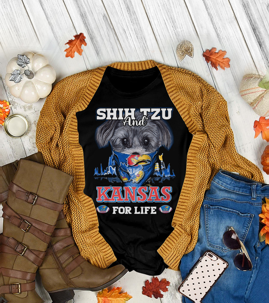 Shih Tzu and Kansas for Life Jayhawks Fan by T-Shirt