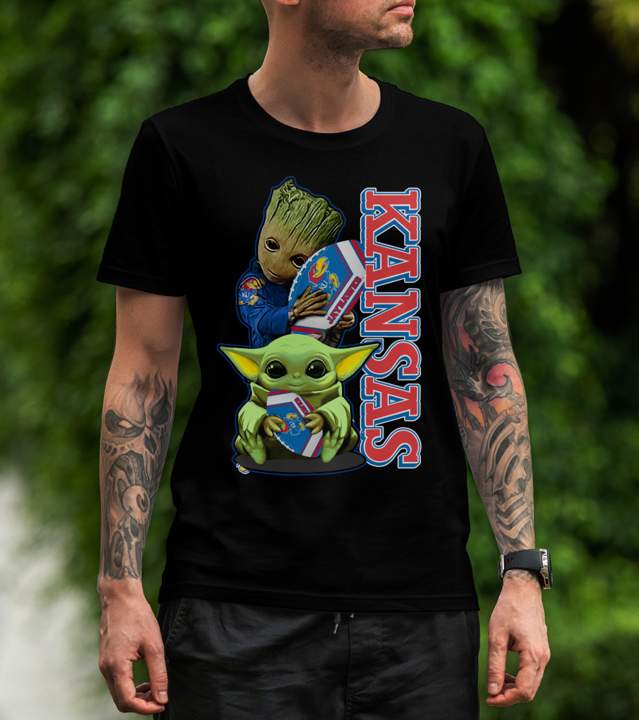 Kansas Jayhawks Groot Baby Yoda Football Hug T-Shirt