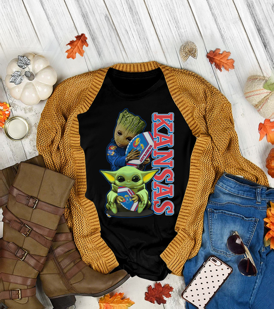 Kansas Jayhawks Groot Baby Yoda Football Hug T-Shirt