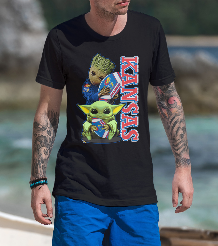 Kansas Jayhawks Groot Baby Yoda Football Hug T-Shirt