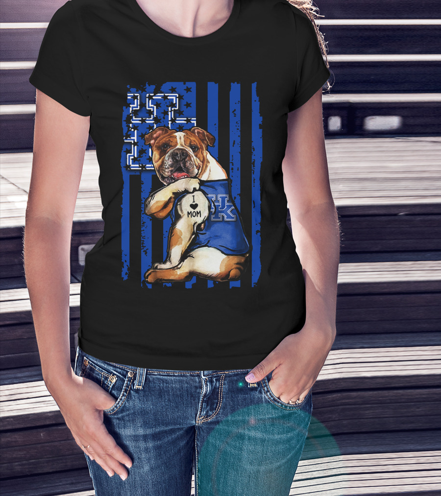 Bulldog Wearing Kentucky Wildcats Blue Jersey American Flag Background T-Shirt