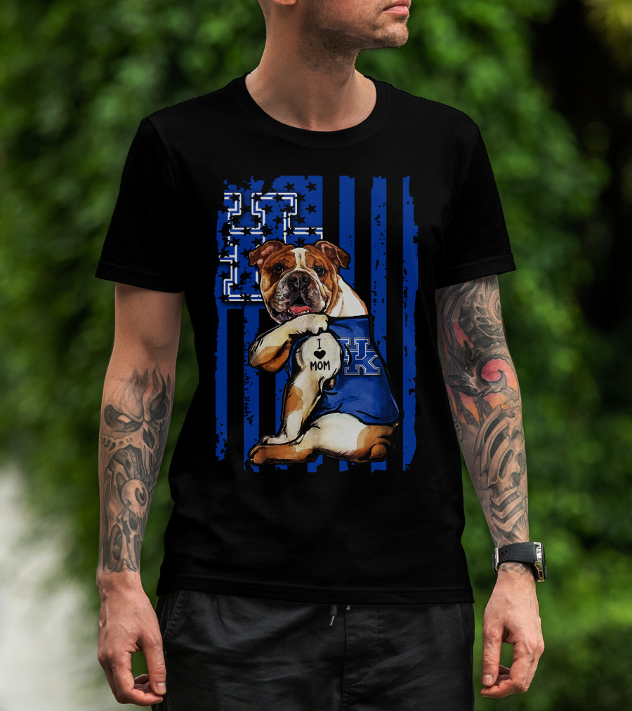 Bulldog Wearing Kentucky Wildcats Blue Jersey American Flag Background T-Shirt