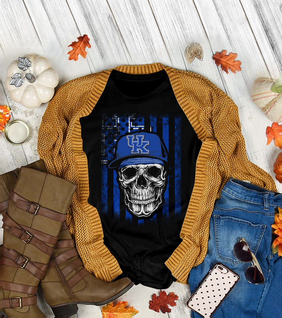 Kentucky Wildcats Skull with Blue Hat and Stripes T-Shirt