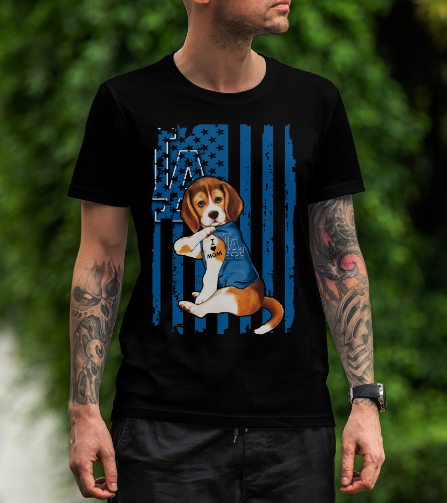 Beagle Wearing Los Angeles Dodgers Shirt With Tattoo I Love Mom T-Shirt